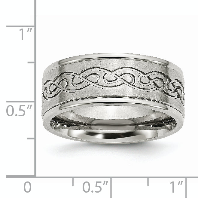 Stainless Steel Brushed and Polished Scroll Design 9mm Ridged Edge Band