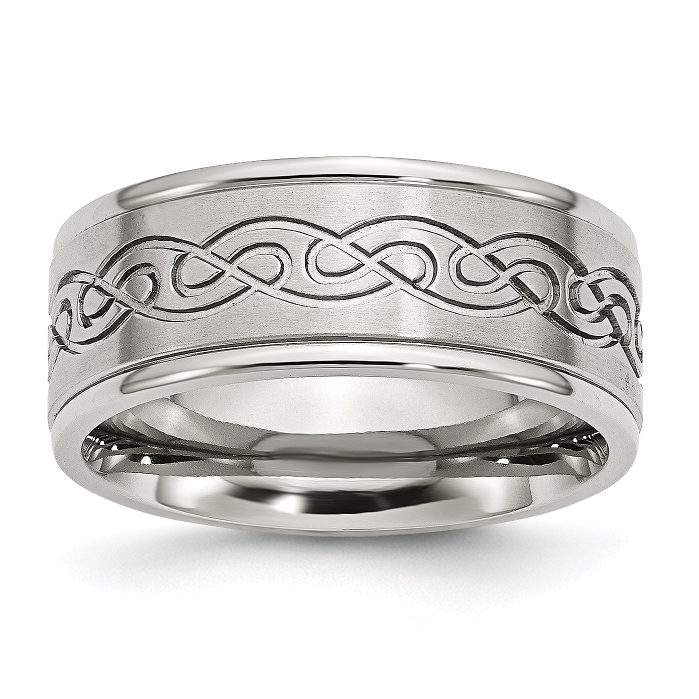 Stainless Steel Brushed and Polished Scroll Design 9mm Ridged Edge Band Main image