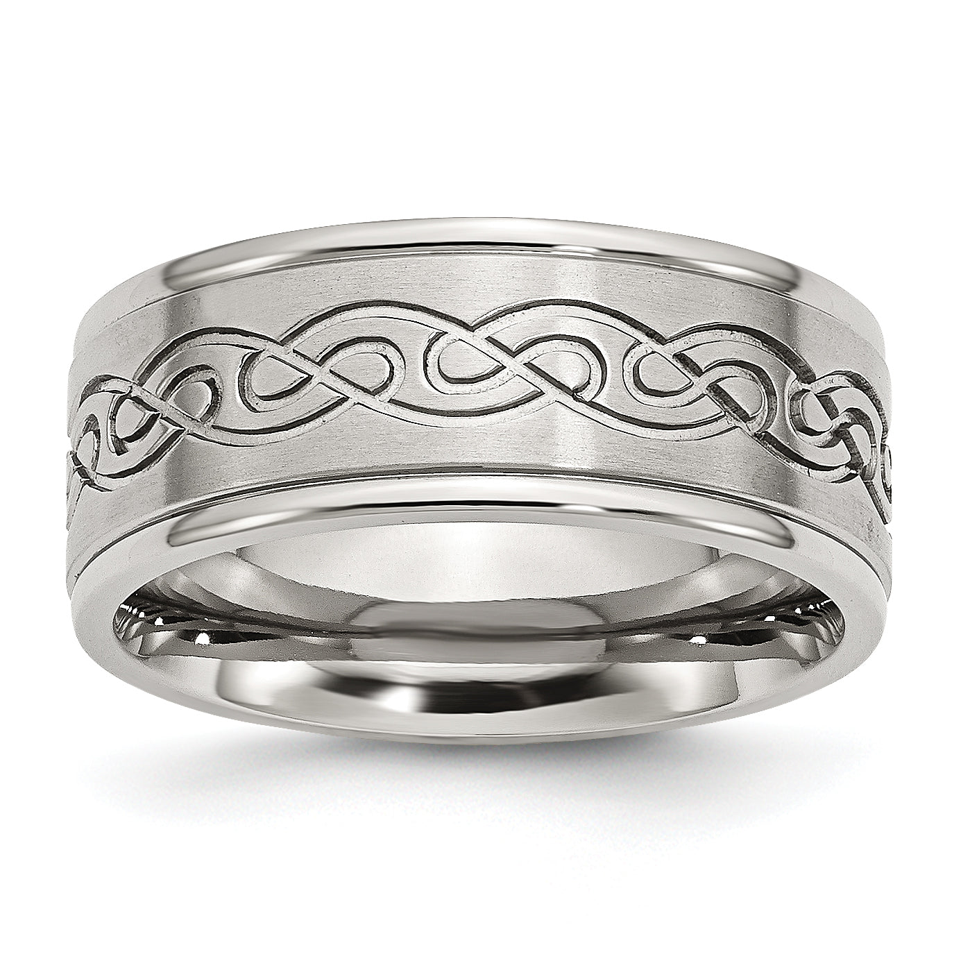 Stainless Steel Brushed and Polished Scroll Design 9mm Ridged Edge Band