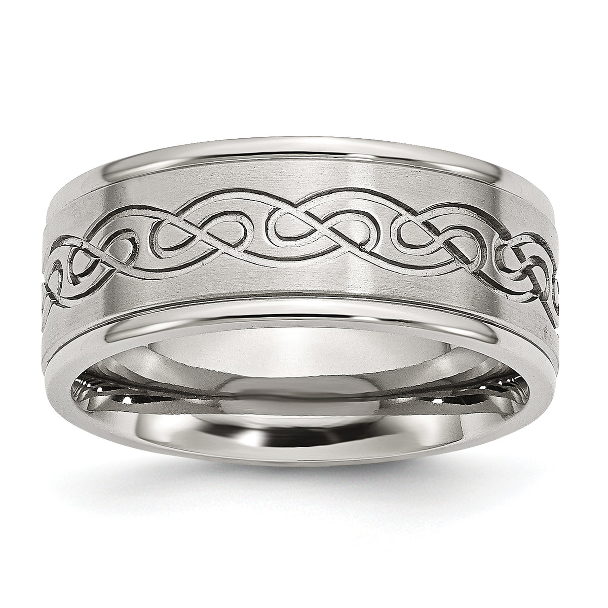 Stainless Steel Brushed and Polished Scroll Design 9mm Ridged Edge Band