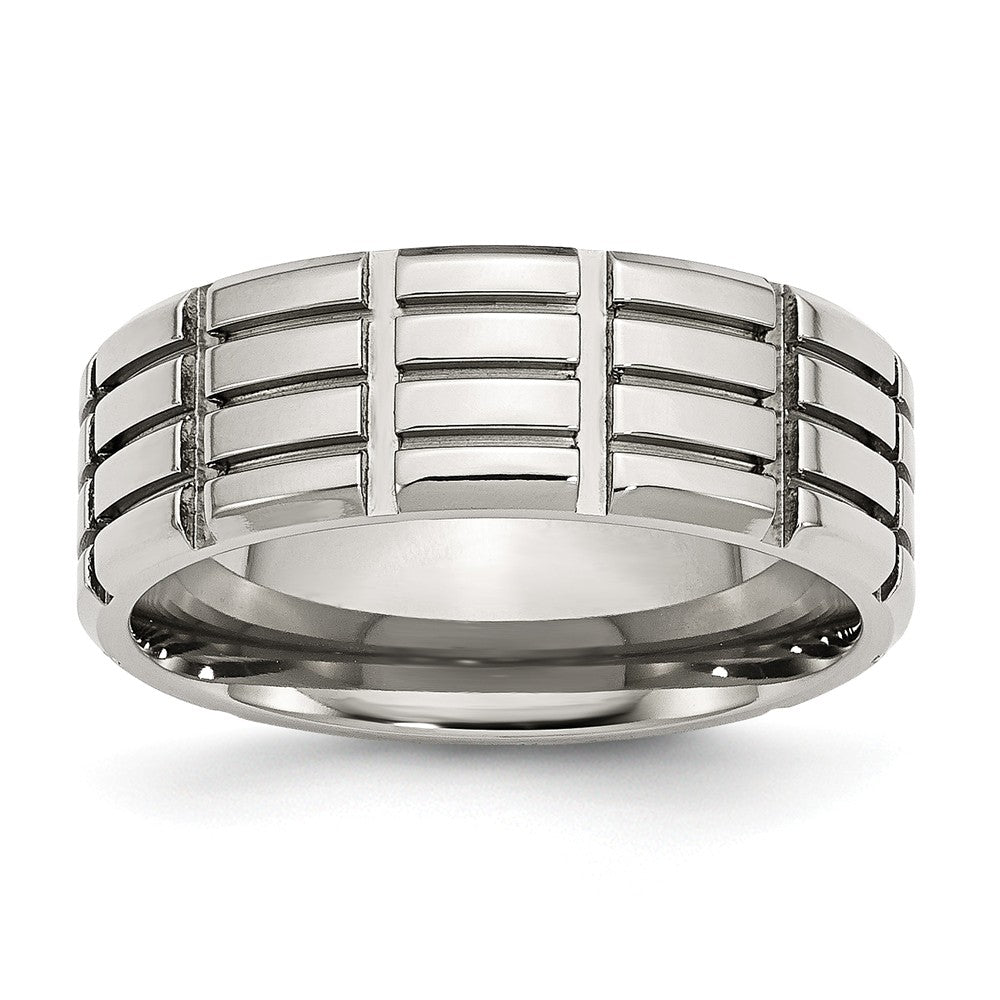 Grooved Wedding Band in Stainless Steel, 8mm