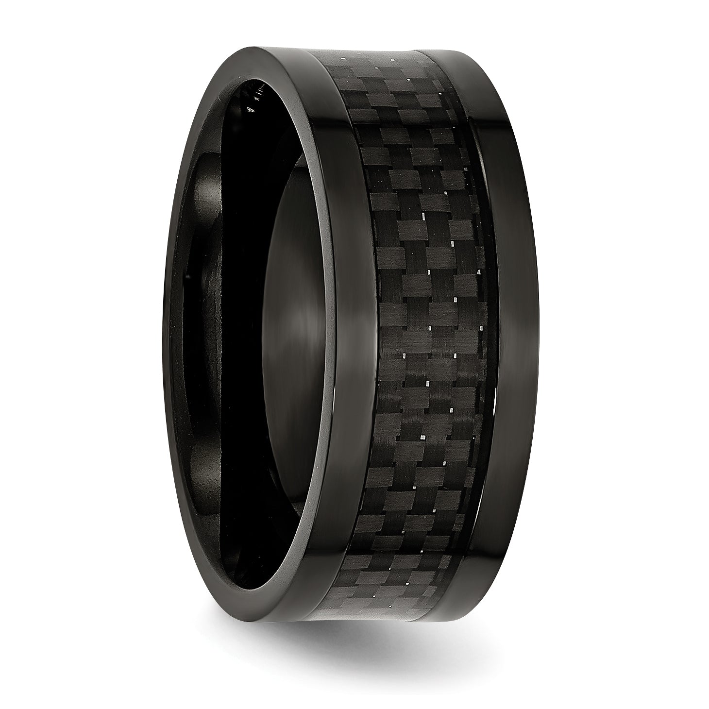 Stainless Steel Polished 9mm Black IP-plated WithCarbon Fiber Inlay Band - 8