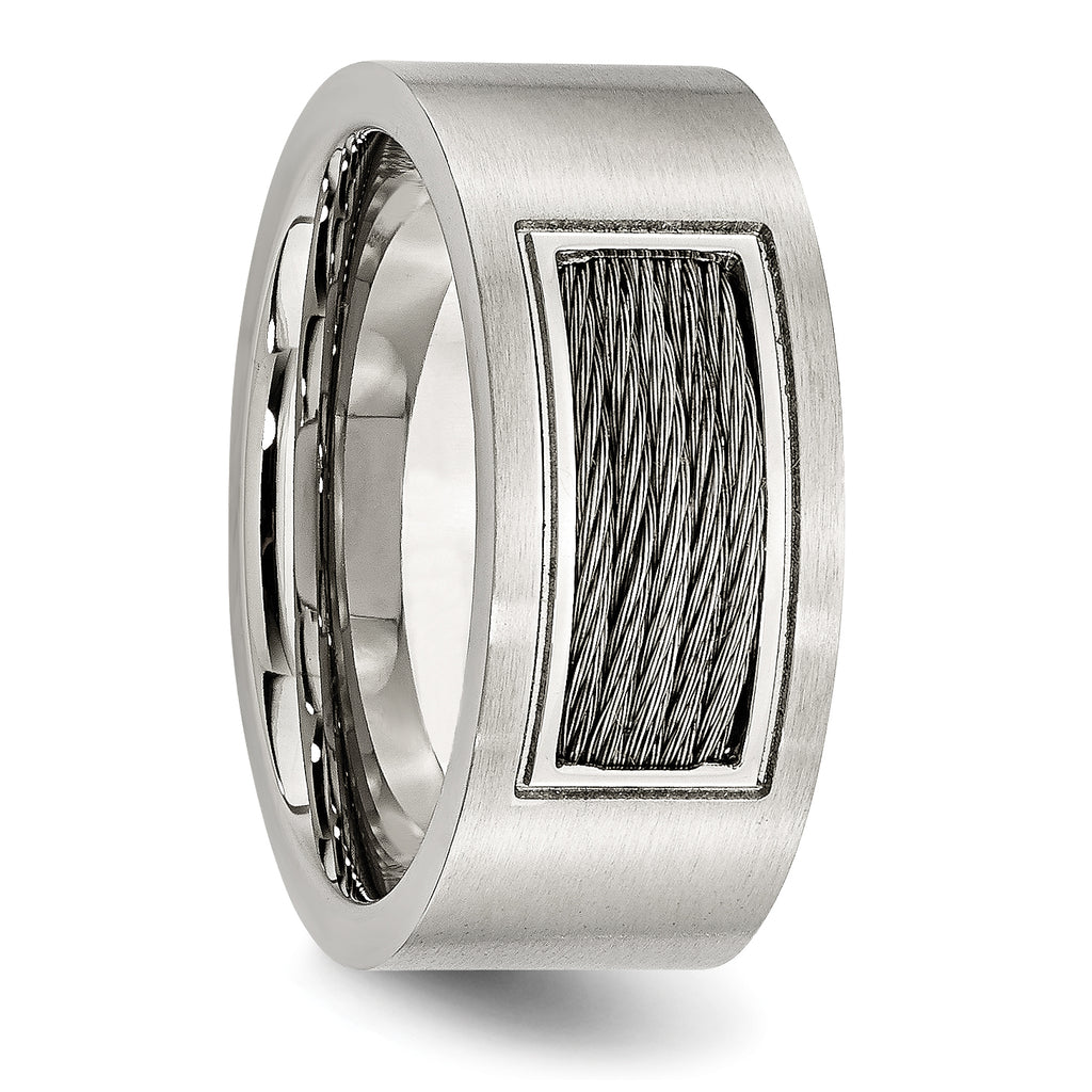 Brushed Wedding Band in Stainless Steel with Grey Cable Inlay, 10mm