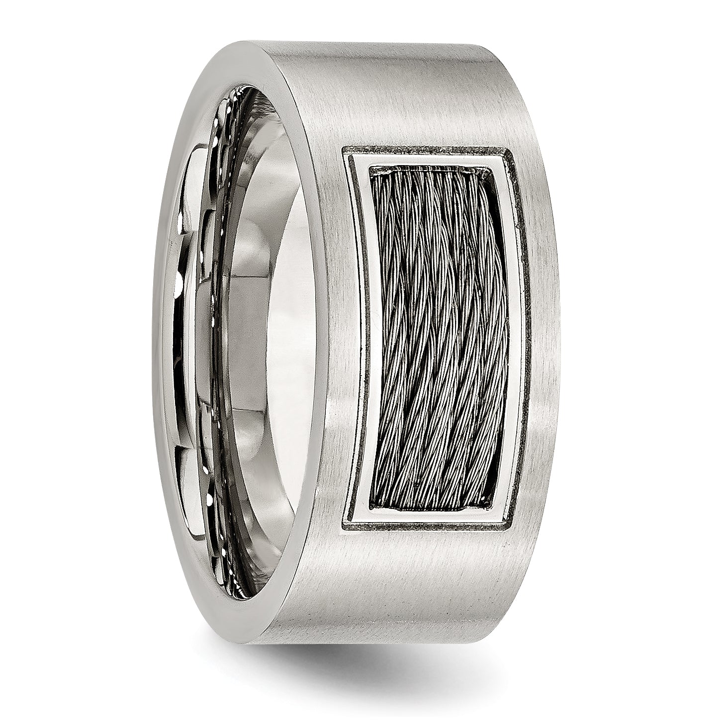 Brushed Wedding Band in Stainless Steel with Grey Cable Inlay, 10mm