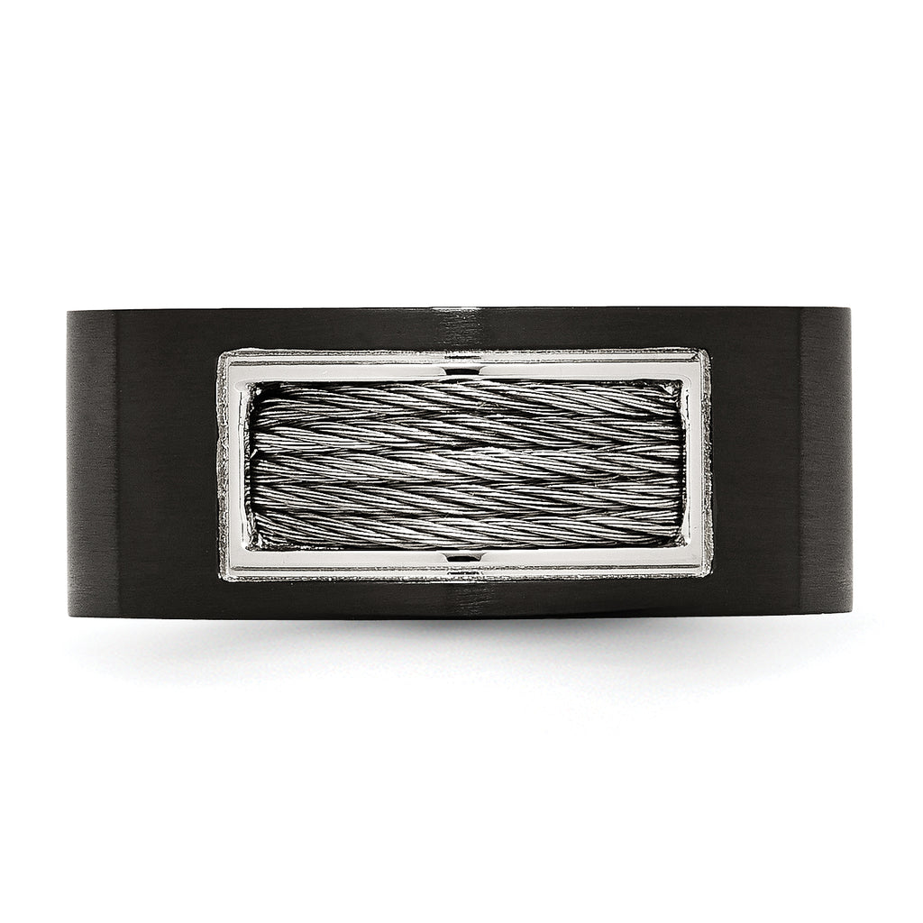 Black IP Wedding Band in Stainless Steel with Grey Wire Inlay, 10mm