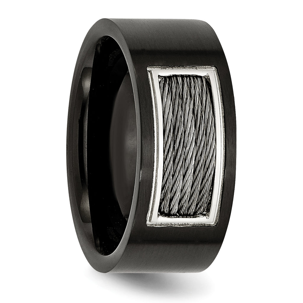 Black IP Wedding Band in Stainless Steel with Grey Wire Inlay, 10mm