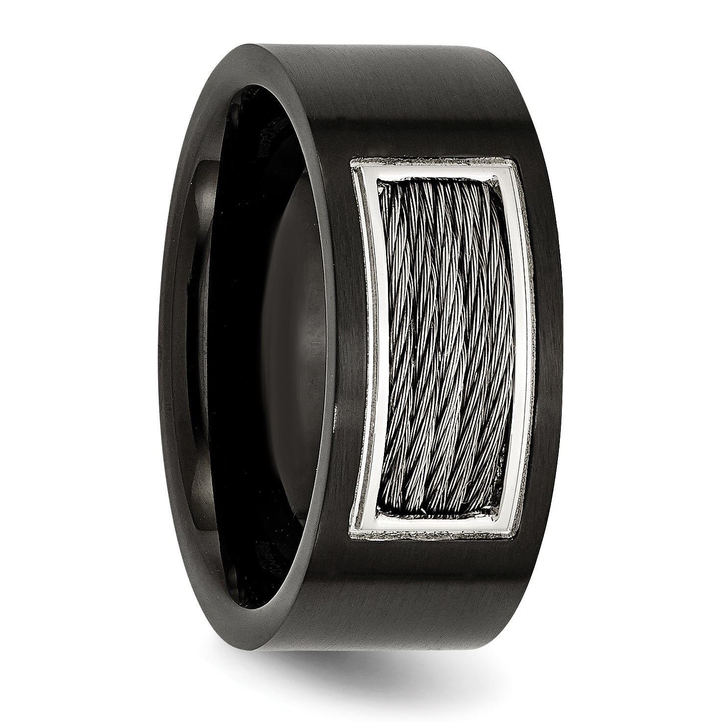 Black IP Wedding Band in Stainless Steel with Grey Wire Inlay, 10mm
