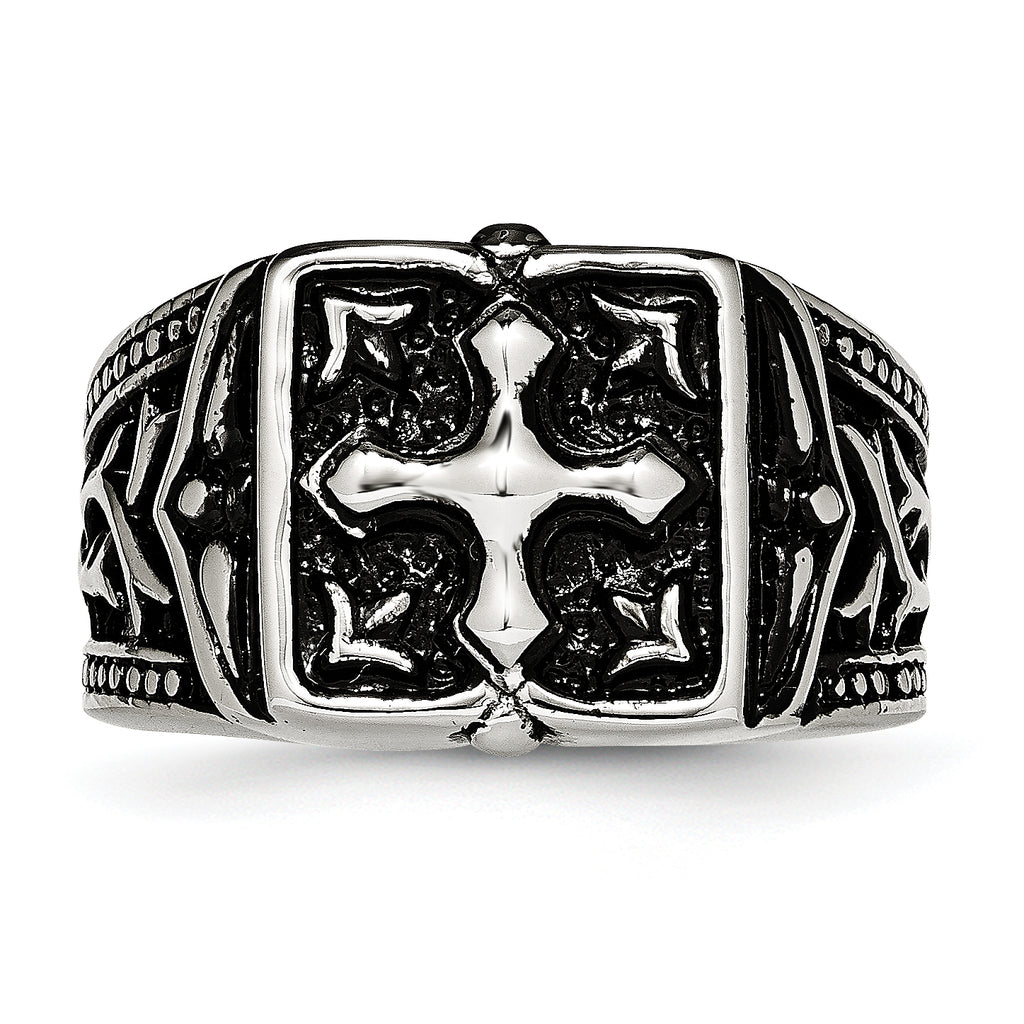 Antiqued Cross Ring in Stainless Steel, 10mm