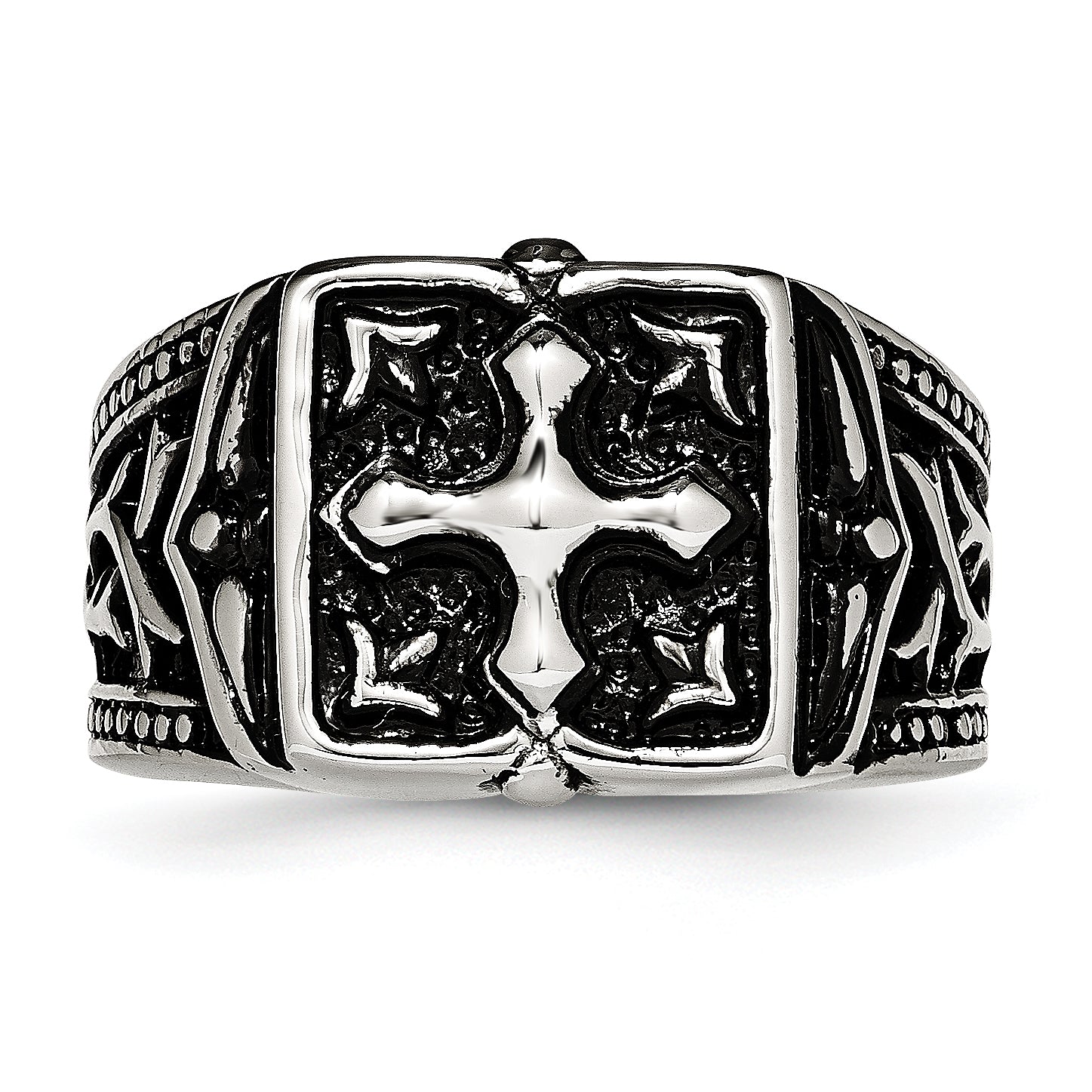 Antiqued Cross Ring in Stainless Steel, 10mm