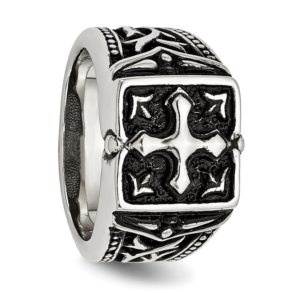 Antiqued Cross Ring in Stainless Steel, 10mm