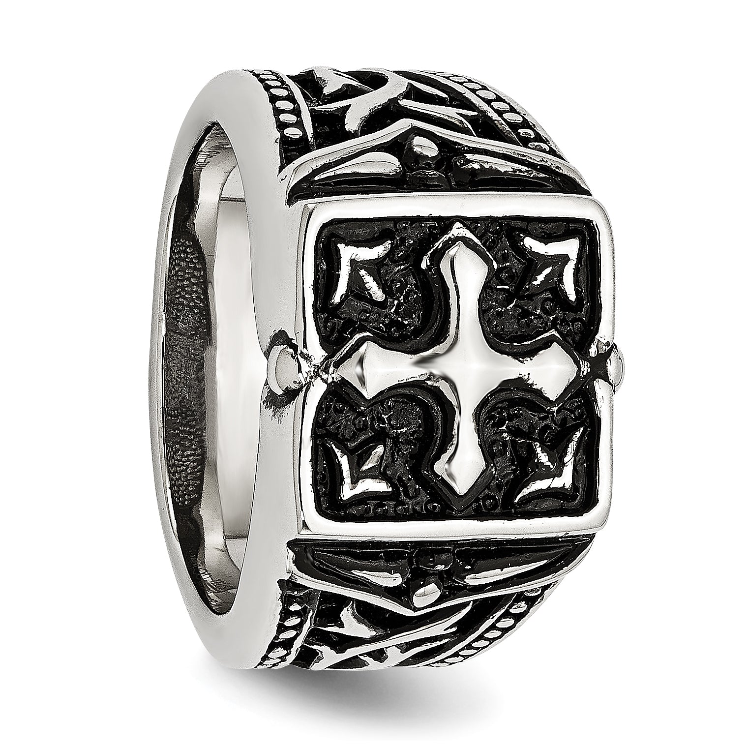 Antiqued Cross Ring in Stainless Steel, 10mm