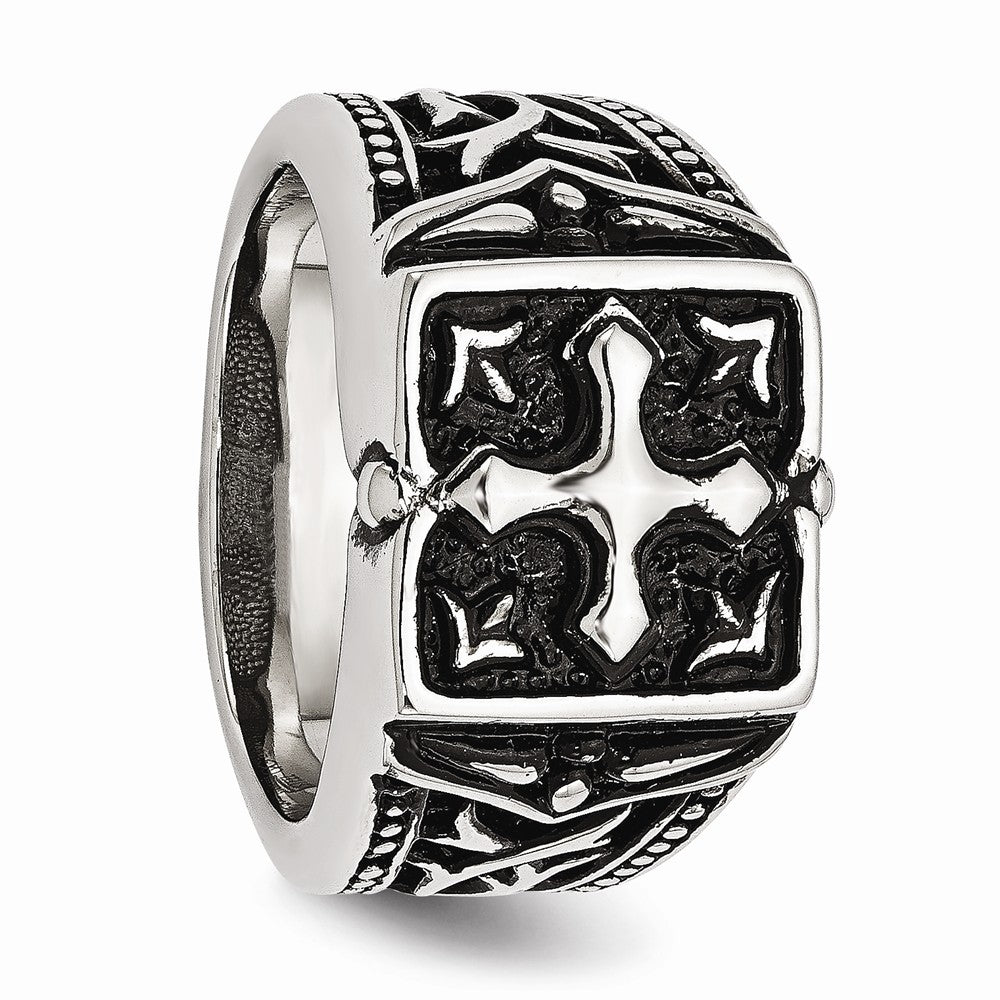 Stainless Steel Themed Cross Ring with Polished Antiqued Finish