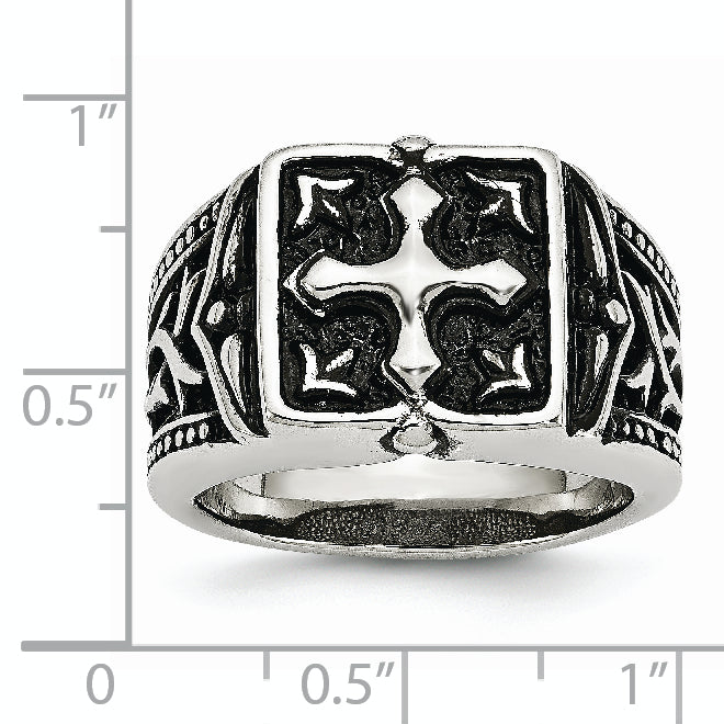 Antiqued Cross Ring in Stainless Steel, 10mm