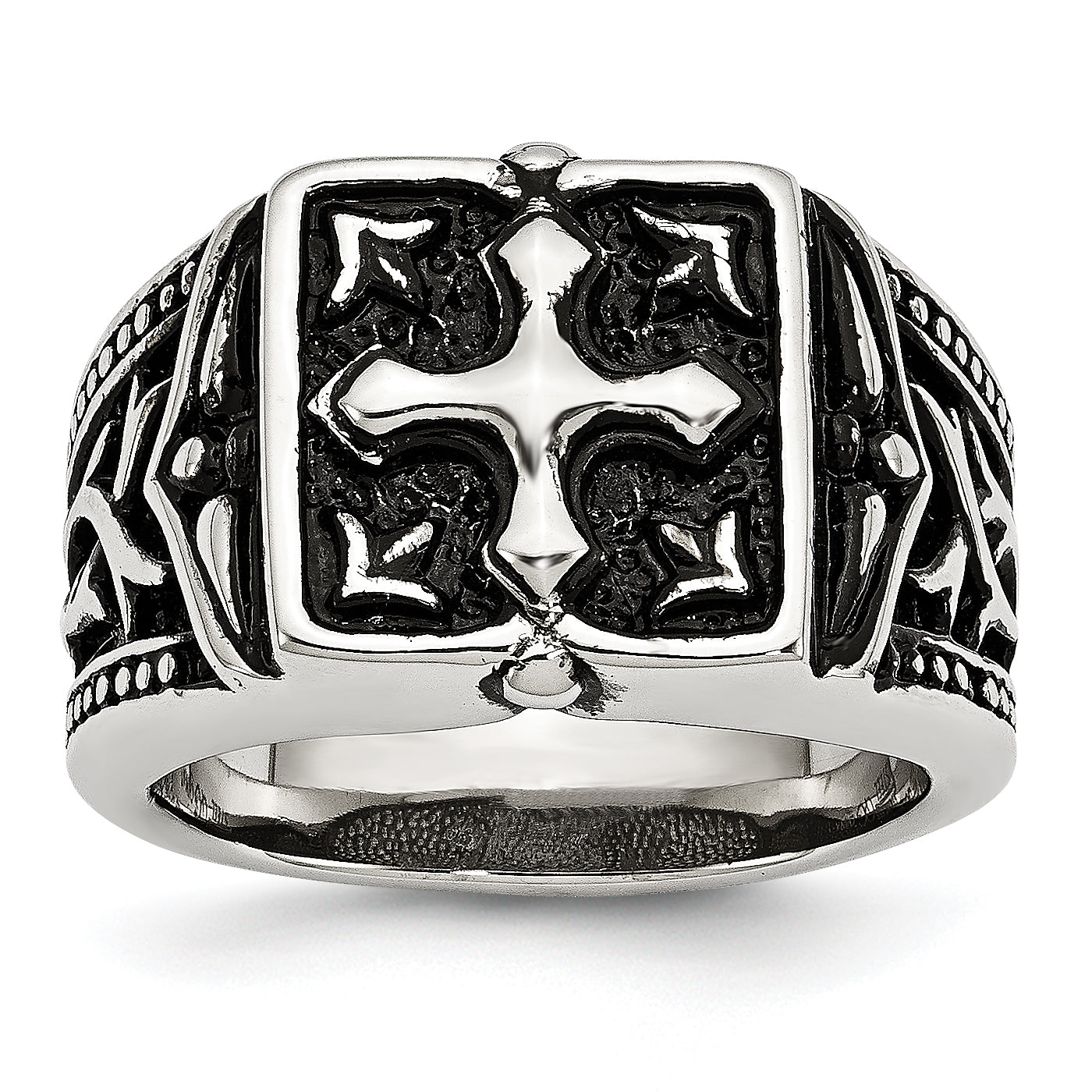 Stainless Steel Antiqued Polished and Textured Cross Ring Main image