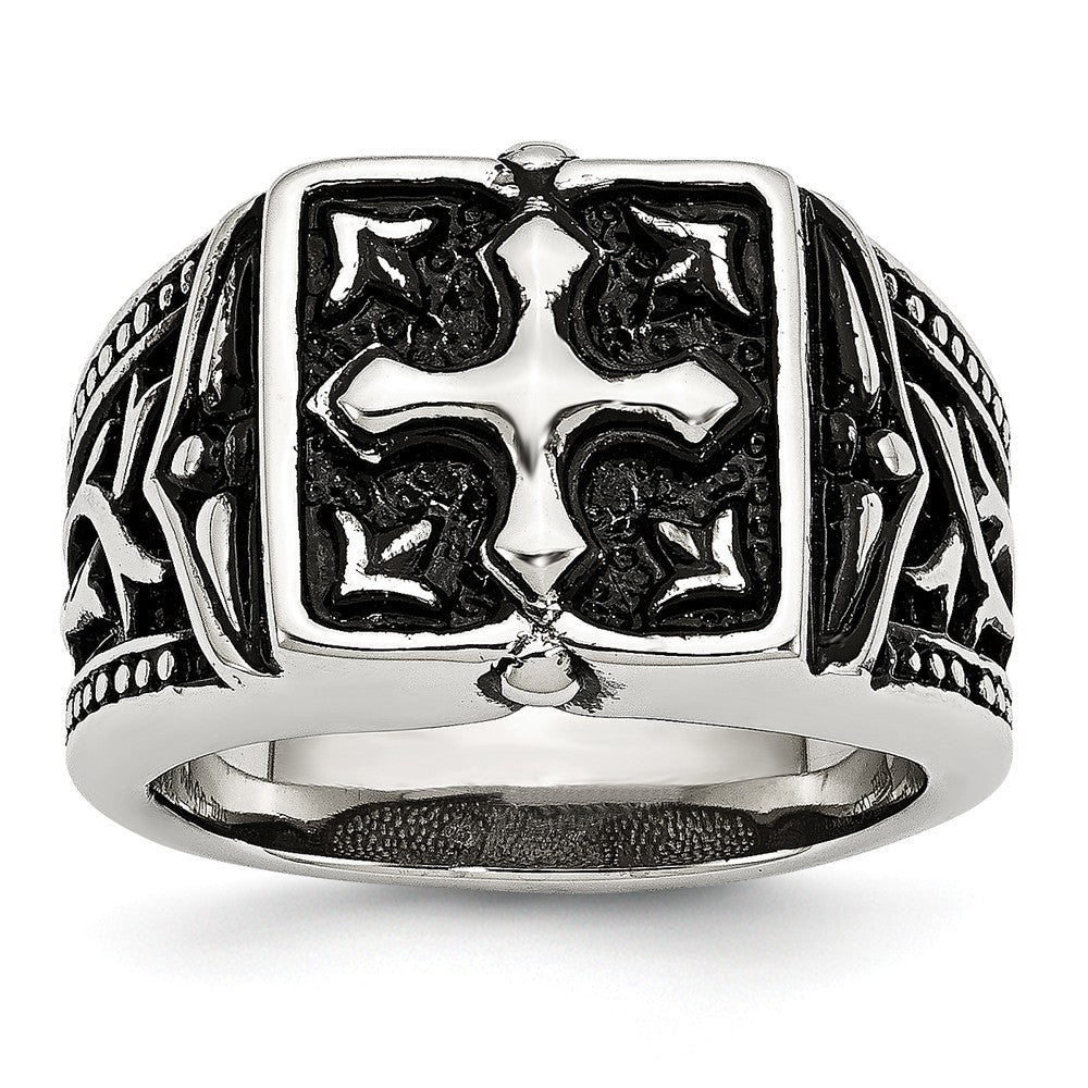 Stainless Steel Themed Cross Ring with Polished Antiqued Finish Main image