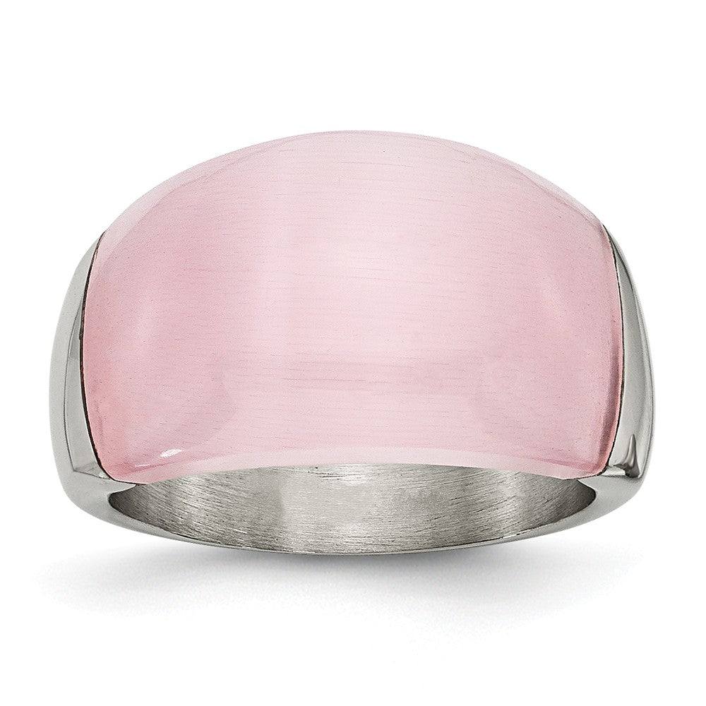 Stainless Steel 12mm Pink Cat's Eye Ring