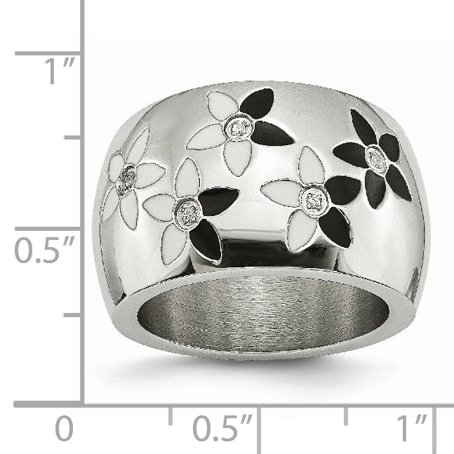 StainleSterling Silver Steel Black & White Enamel Flowers WithCZ Ring