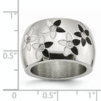 StainleSterling Silver Steel Black & White Enamel Flowers WithCZ Ring