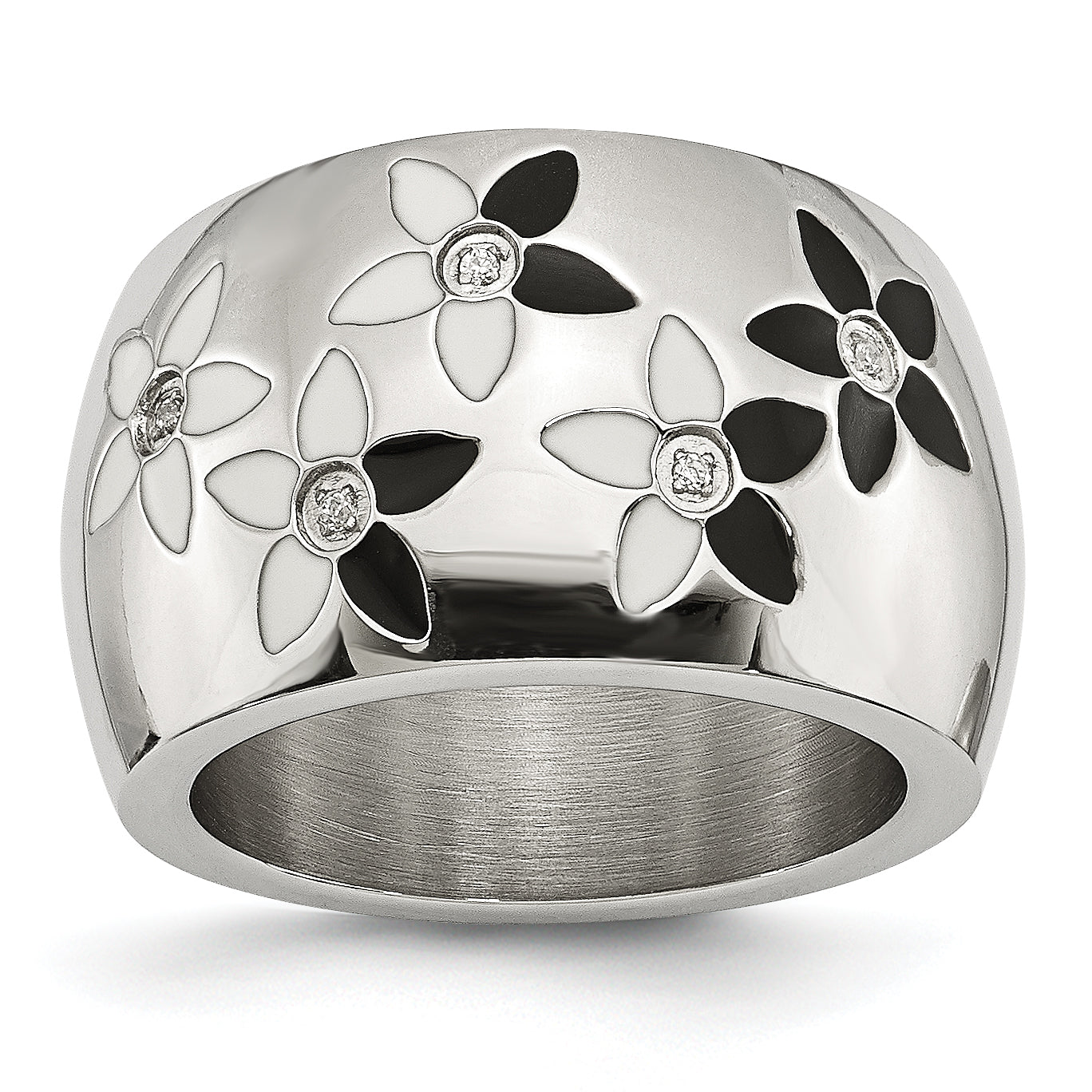 Stainless Steel Black & White Enamel Flowers WithCZ Ring Main image