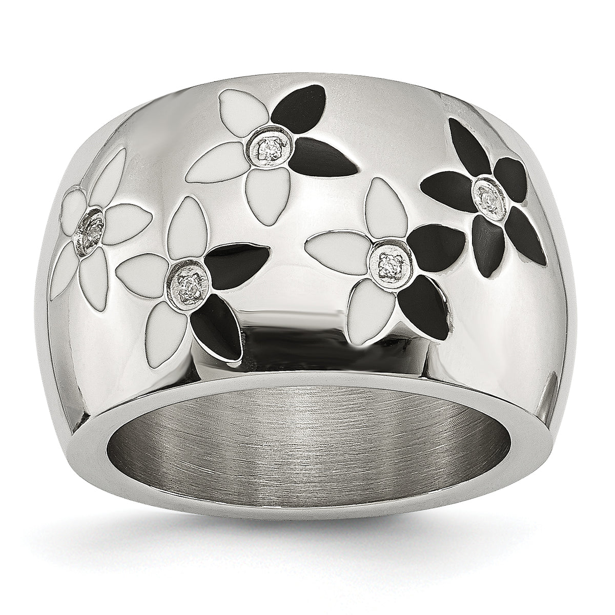 Stainless Steel Black & White Enamel Flowers WithCZ Ring