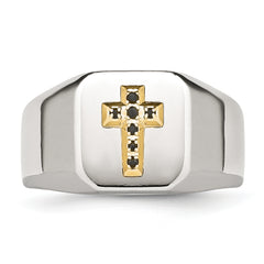 StainleSterling Silver Steel Polished with 14k Gold Accent 1/15 Carat Sapphire CroSterling Silver Signet Ring