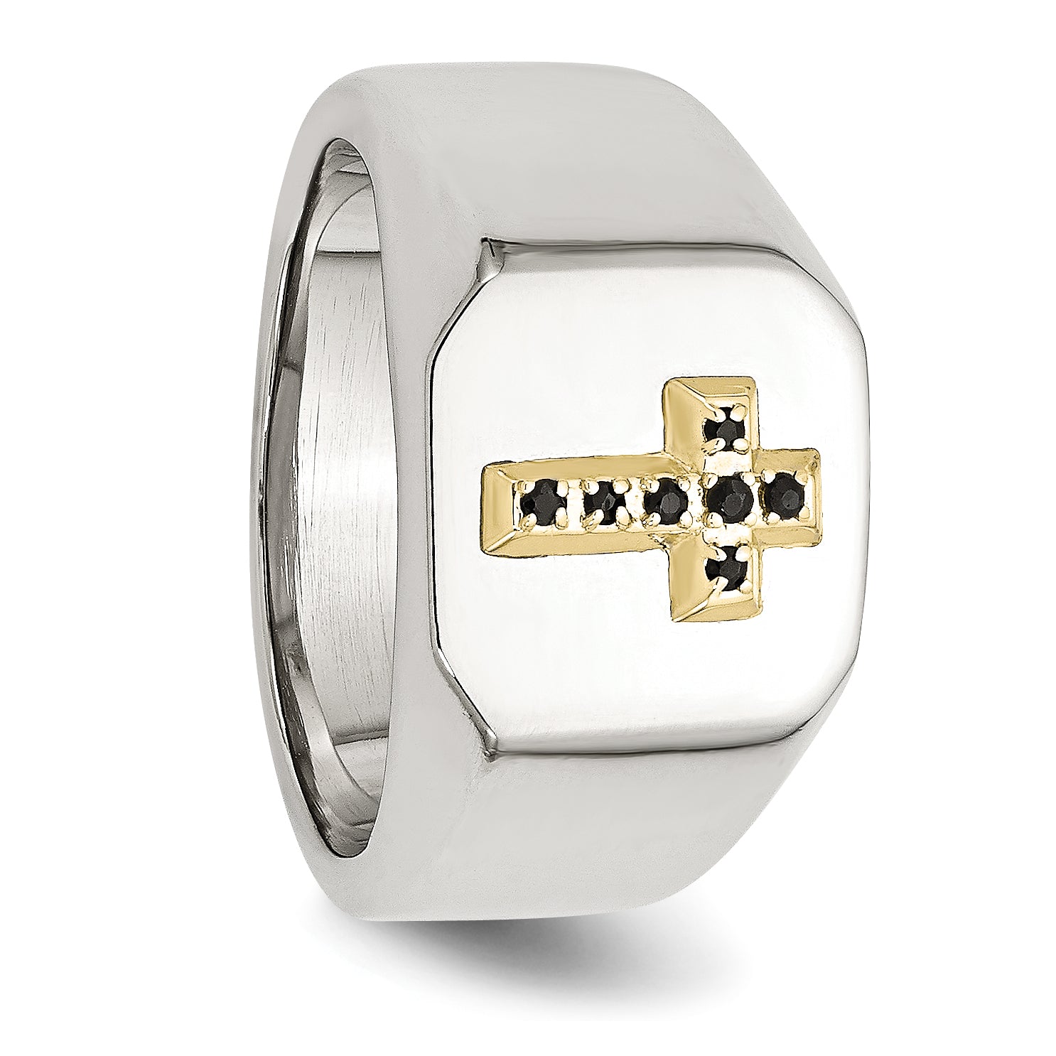 StainleSterling Silver Steel Polished with 14k Gold Accent 1/15 Carat Sapphire CroSterling Silver Signet Ring