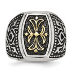 Stainless Steel Antiqued Polished & Textured Yellow IP-plated Cross Ring