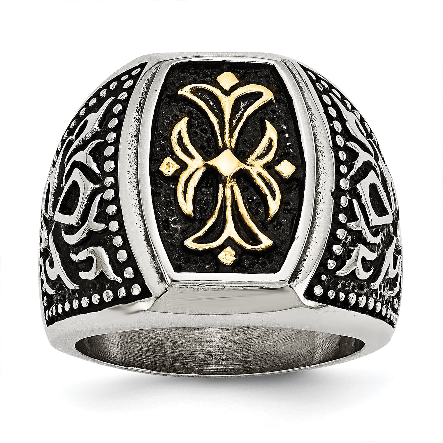 Stainless Steel Antiqued Polished & Textured Yellow IP-plated Cross Ring Main image