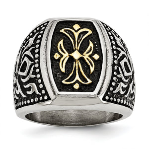 Stainless Steel Antiqued Polished & Textured Yellow IP-plated Cross Ring, Size 9–11 - Sophia Jewelers