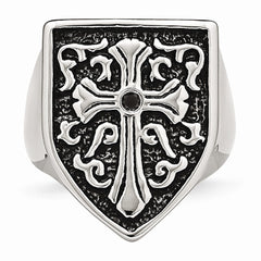 Stainless Steel Men's Ring with Black Diamond Shield Design - 9 - 9
