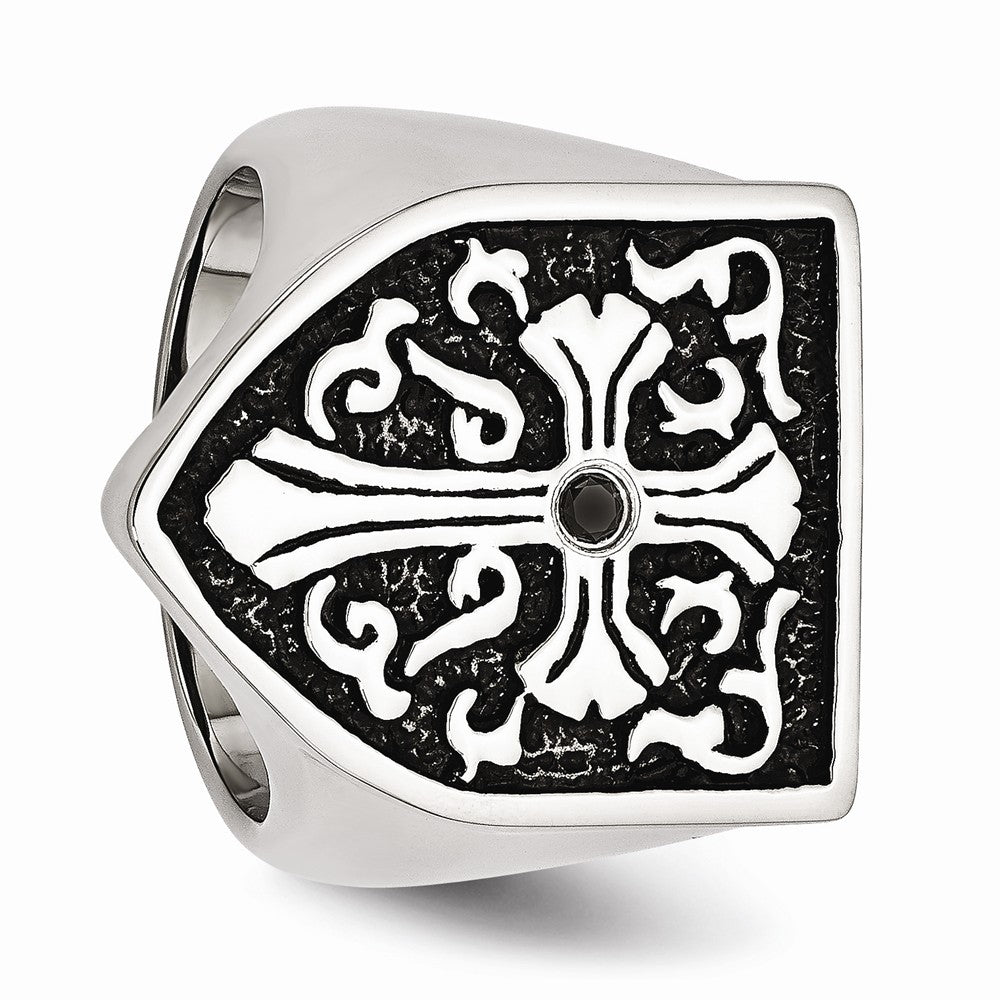 Stainless Steel Men's Ring with Black Diamond Shield Design - 9 - 9