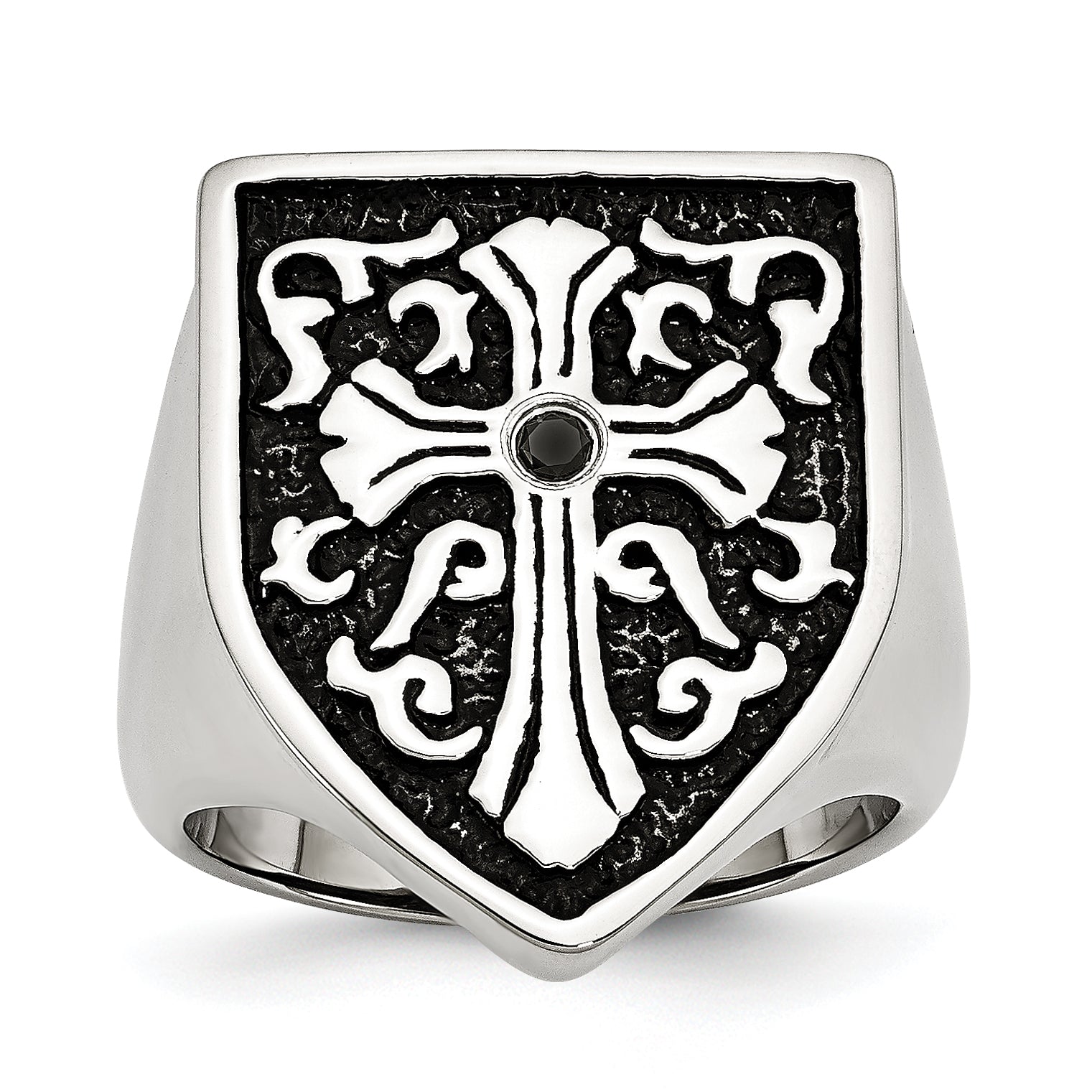 Stainless Steel Antiqued and Polished 1/20 Carat Black Diamond Shield Ring Main image