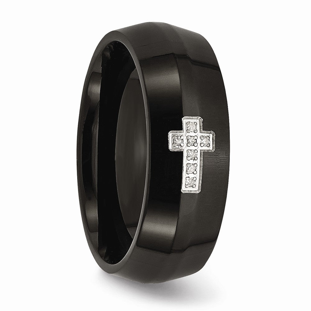 Stainless Steel Diamond Cross Ring with Black IP Plating, Engravable, Polished Finish