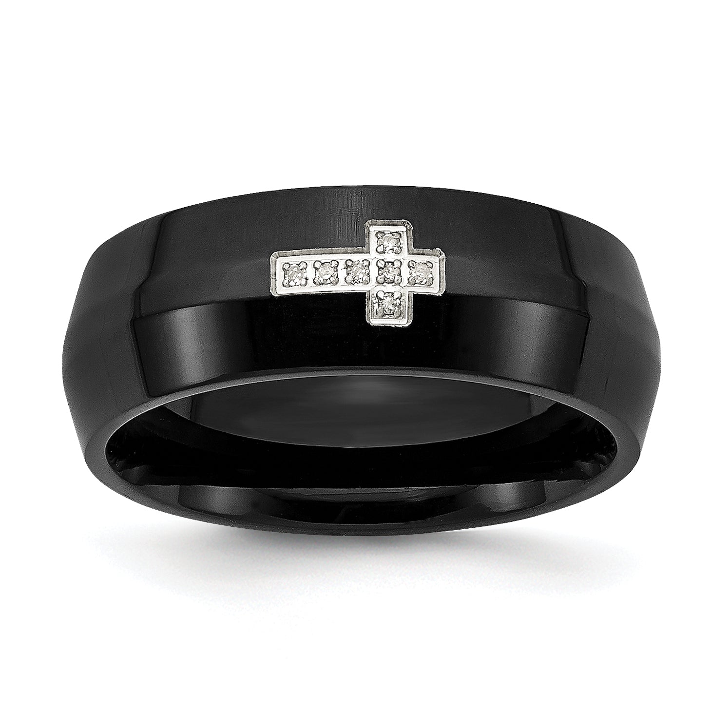 Stainless Steel Polished Black IP-plated 2pt Diamond Cross 8mm Band Main image