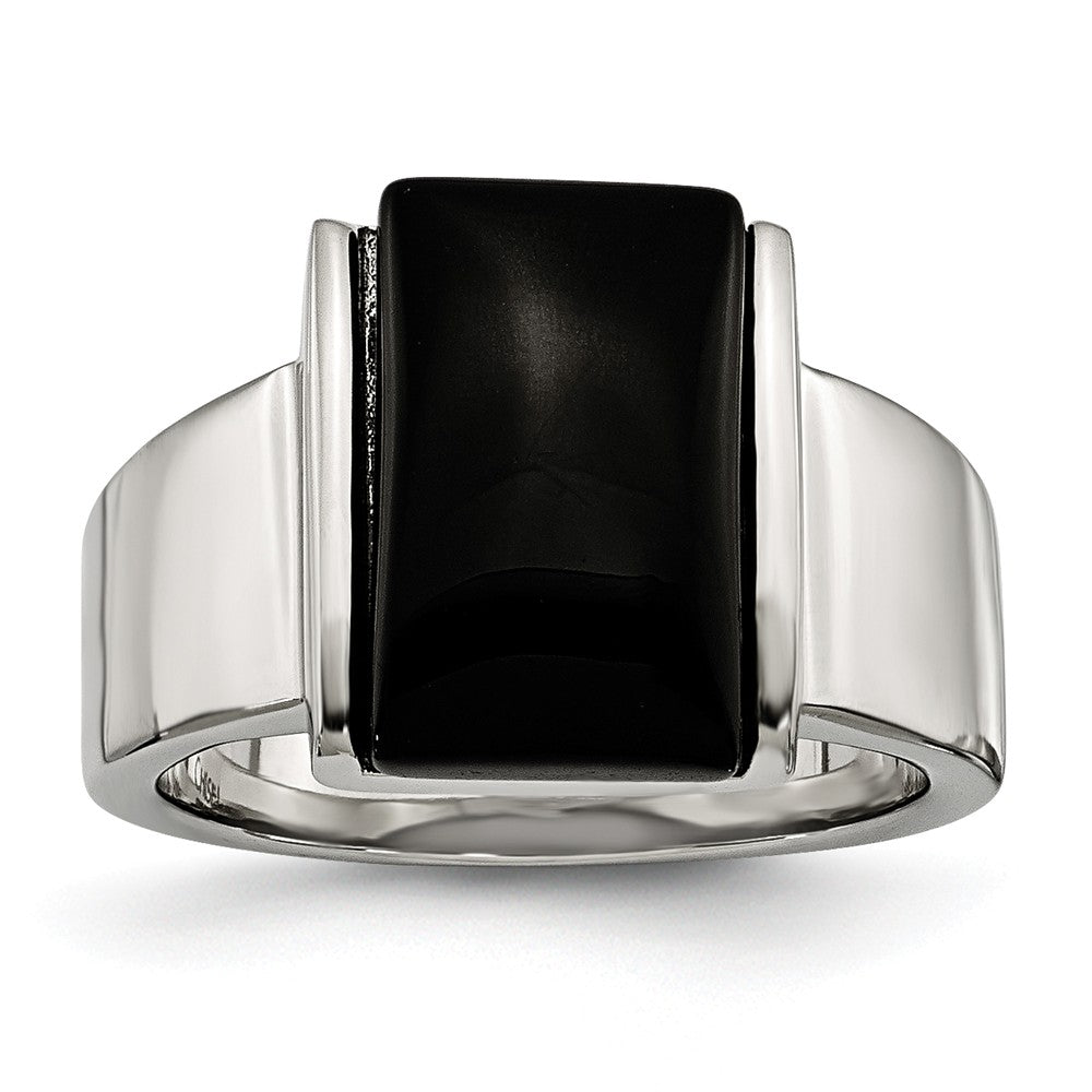 Sophia Jewelers Polished Stainless Steel Fashion Ring with Black Glass Accent - 7 - 7