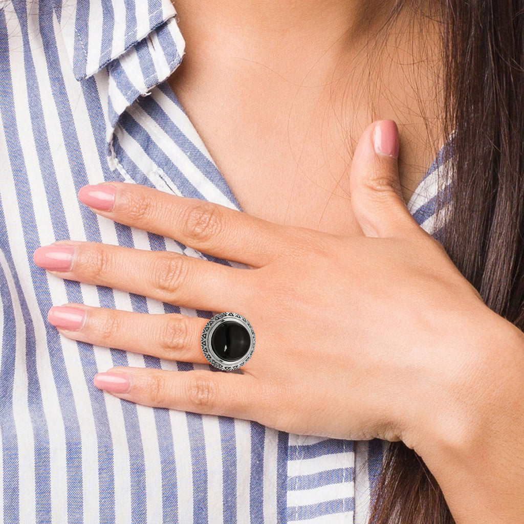 Black Glass Ring in Stainless Steel with Textured Edge