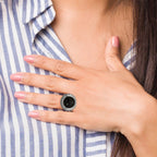 Black Glass Ring in Stainless Steel with Textured Edge