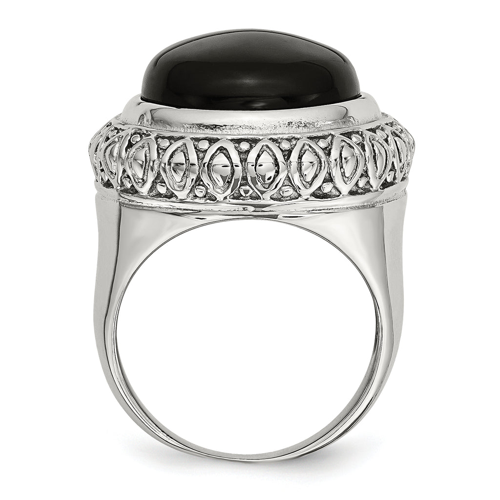 Black Glass Ring in Stainless Steel with Textured Edge
