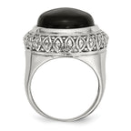 Black Glass Ring in Stainless Steel with Textured Edge