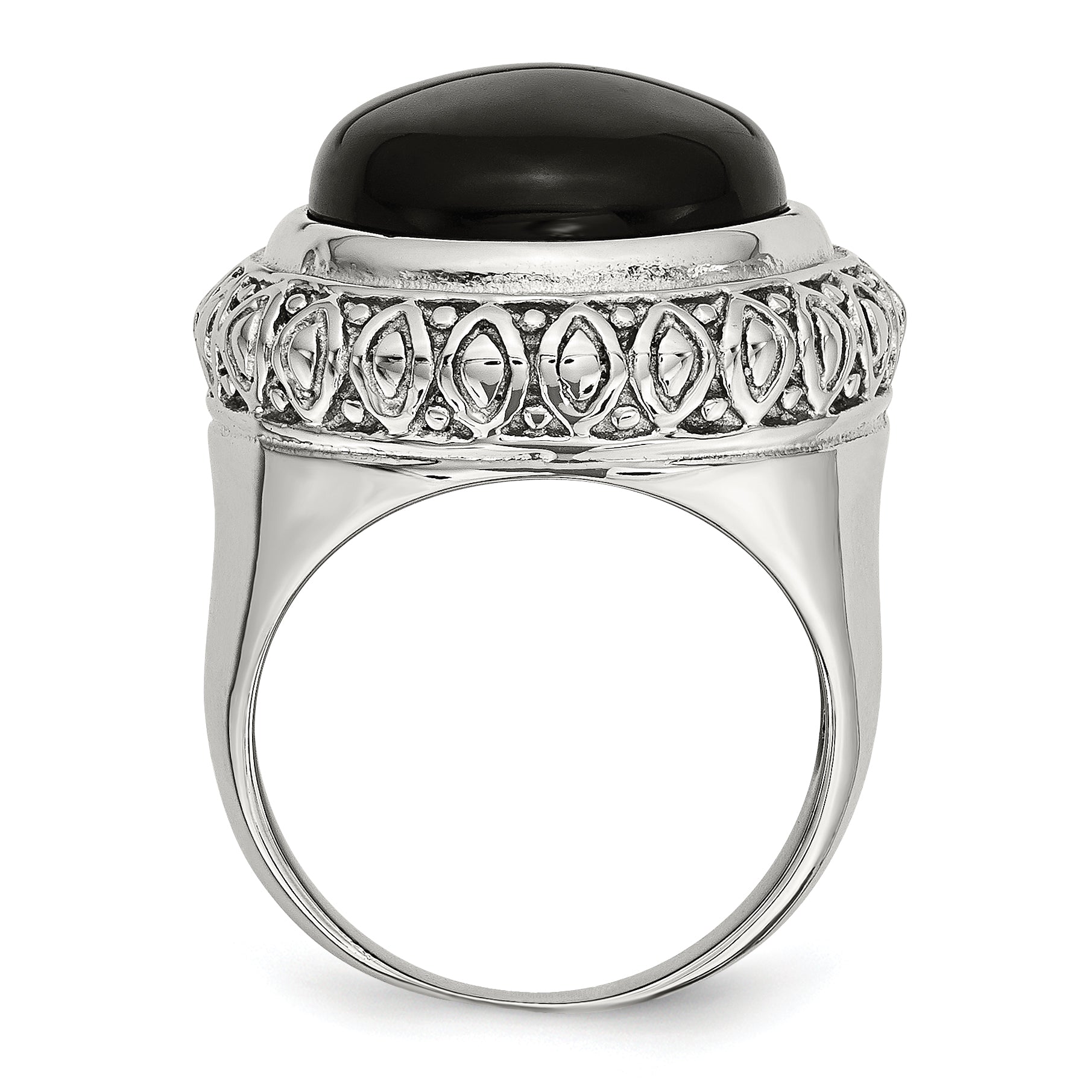 Black Glass Ring in Stainless Steel with Textured Edge