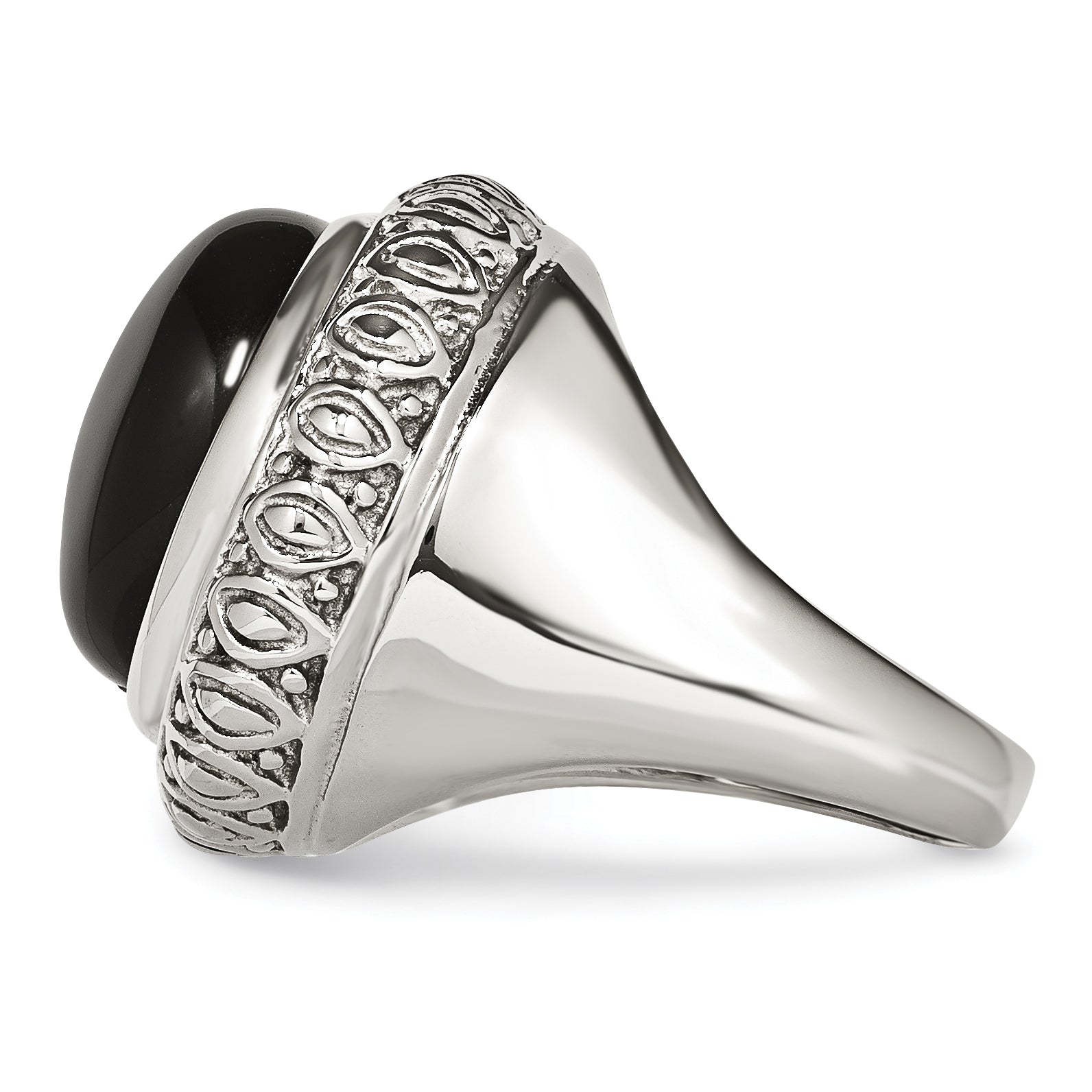 Black Glass Ring in Stainless Steel with Textured Edge