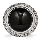 Black Glass Ring in Stainless Steel with Textured Edge