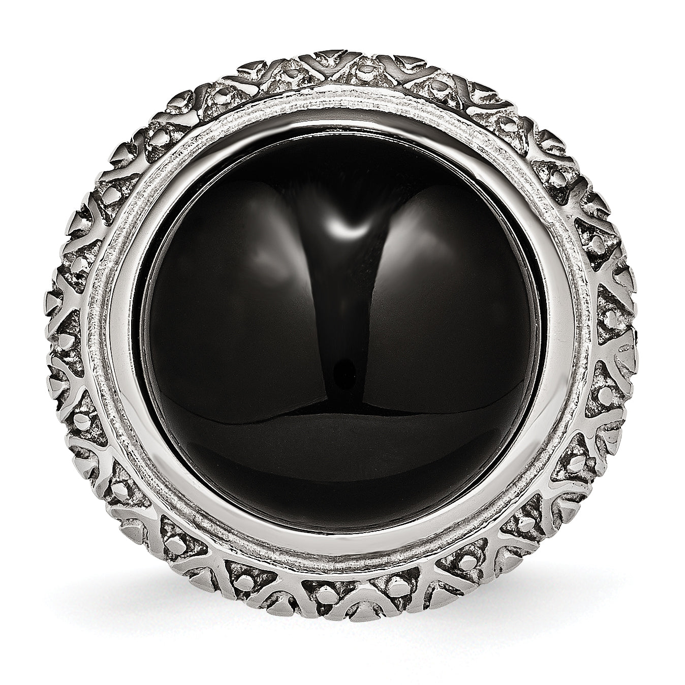 Black Glass Ring in Stainless Steel with Textured Edge