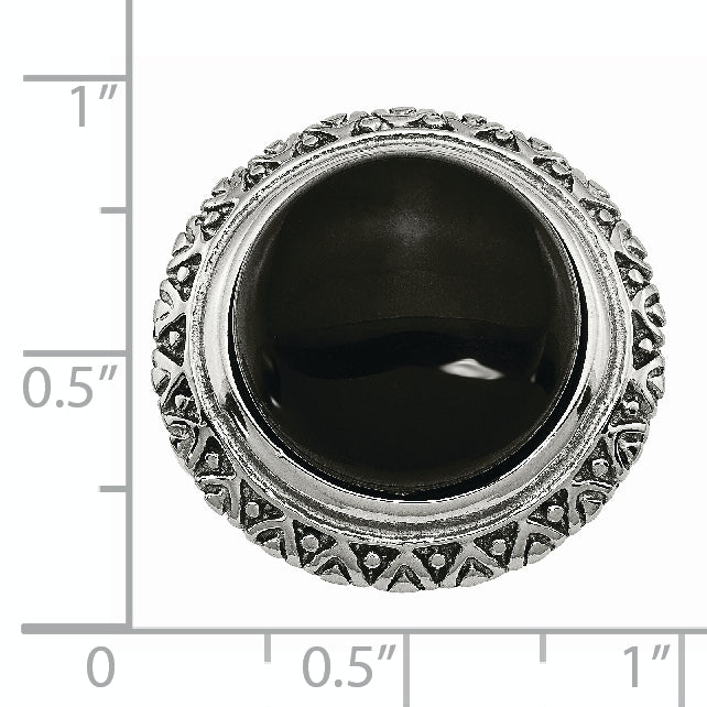 Black Glass Ring in Stainless Steel with Textured Edge