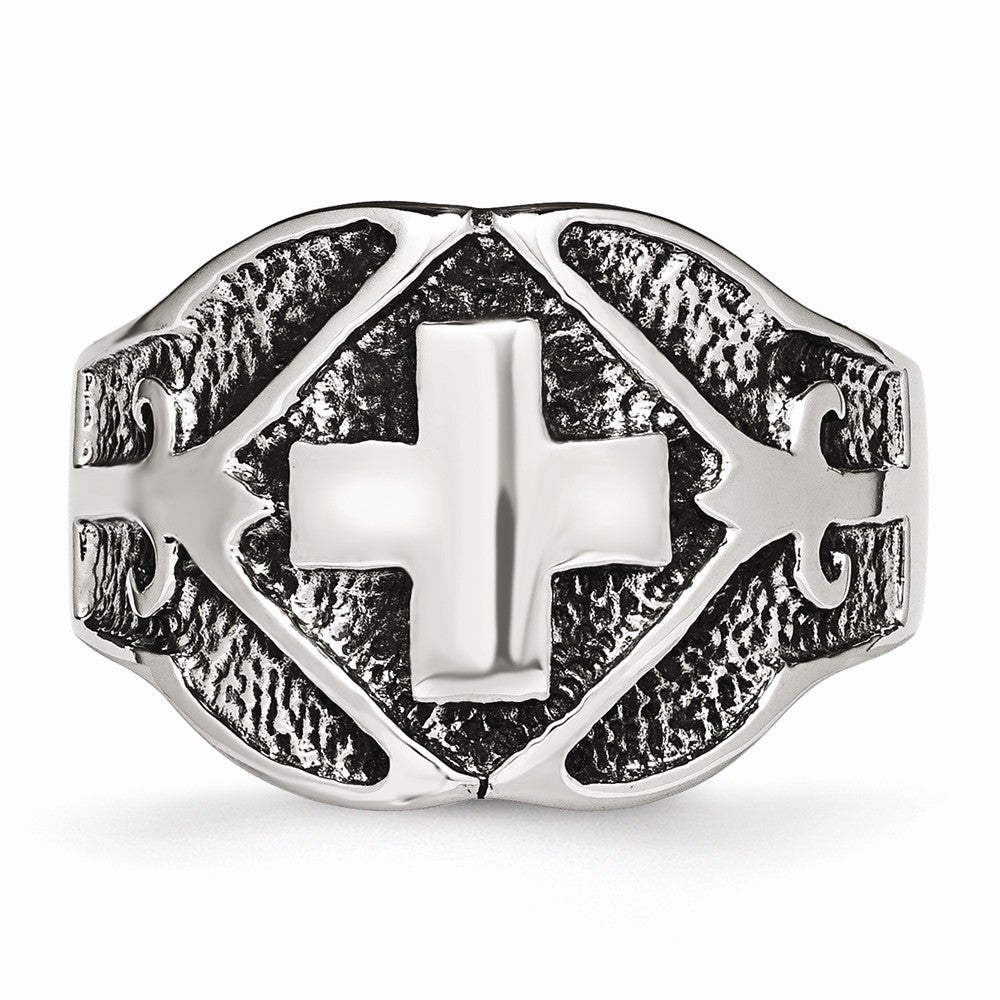 Stainless Steel Cross Ring with Polished Antiqued Finish Unisex Themed