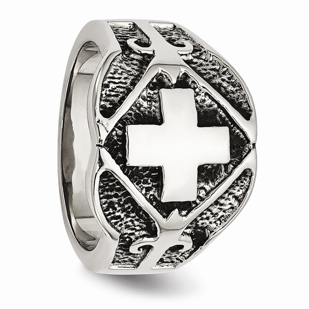 Stainless Steel Cross Ring with Polished Antiqued Finish Unisex Themed