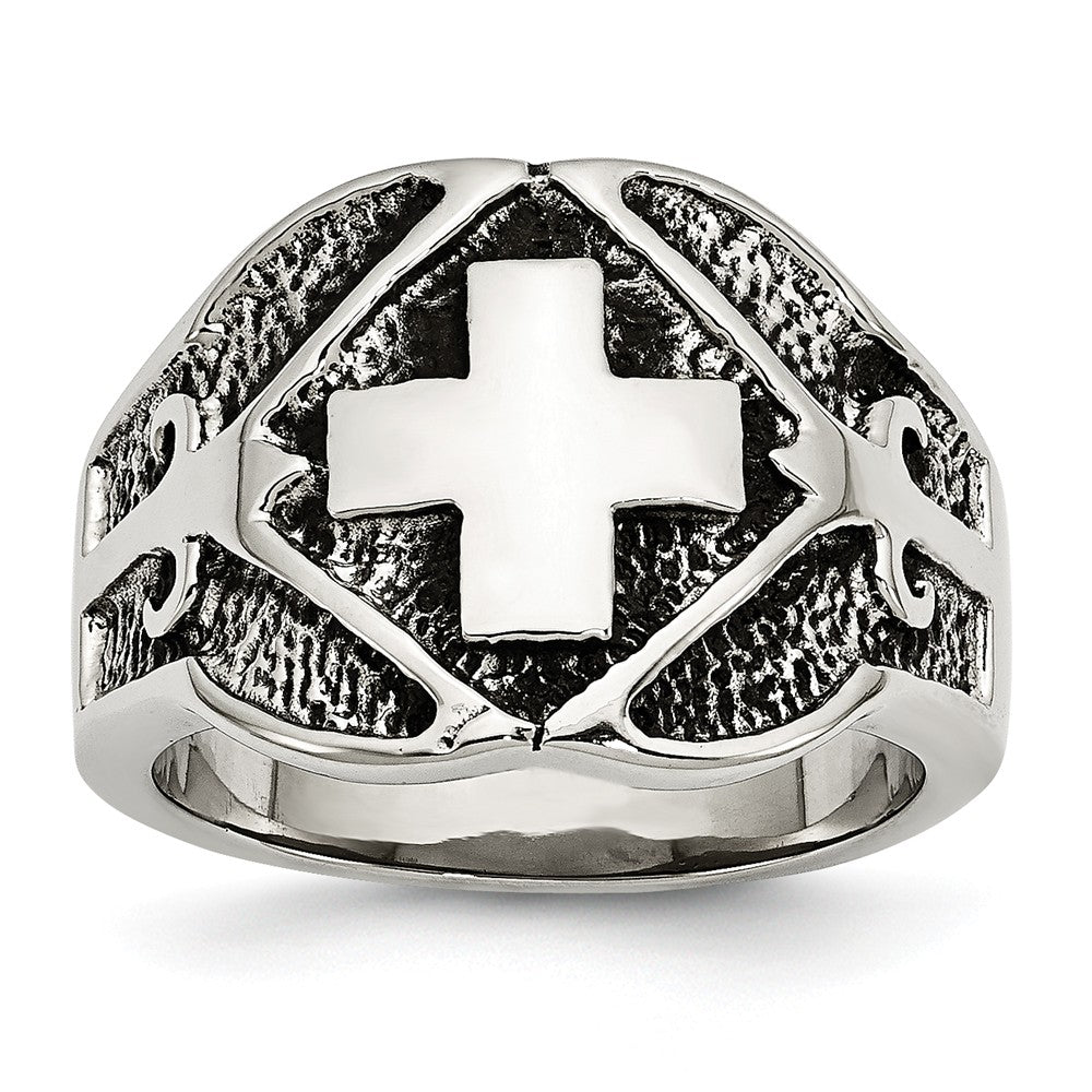 Stainless Steel Cross Ring with Polished Antiqued Finish Unisex Themed