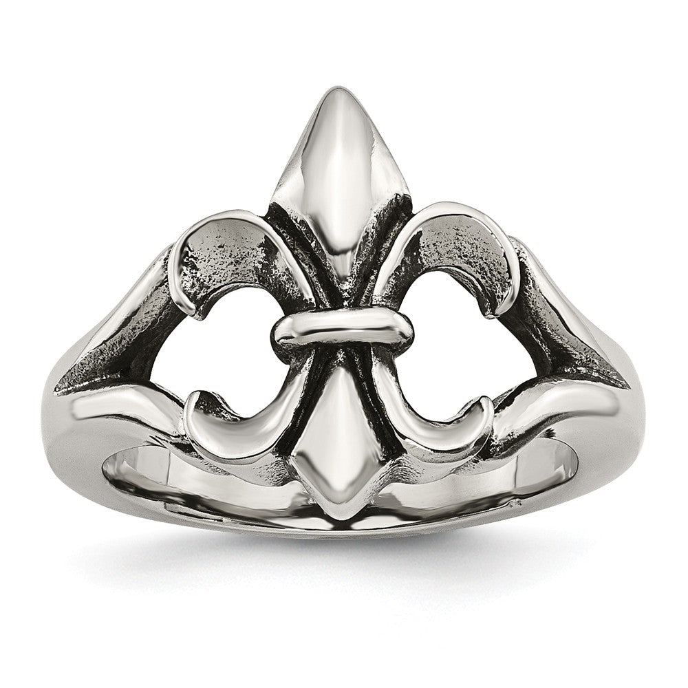 Stainless Steel Polished & Antiqued Fleur de lis Ring