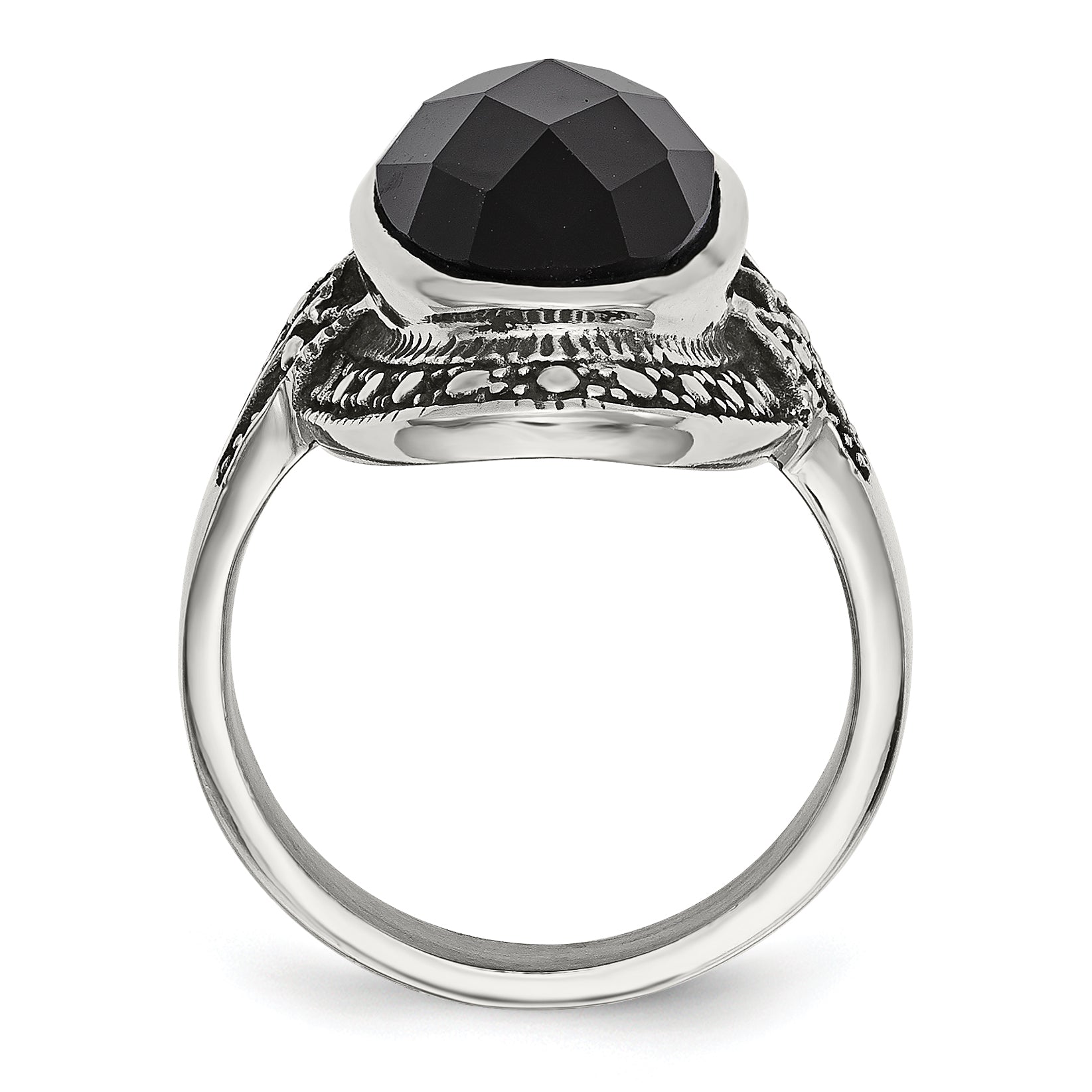 Stainless Steel Black Glass Antiqued Ring Secondary image