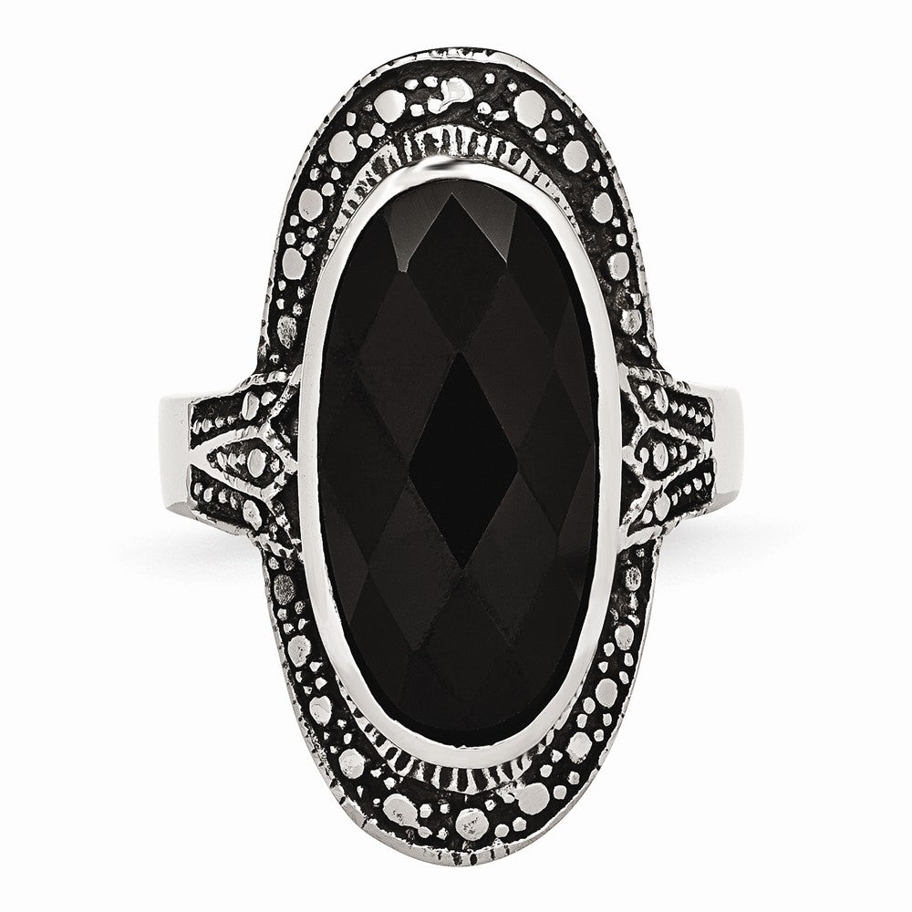 Sophia Jewelers Stainless Steel Black Glass Antiqued Fashion Ring